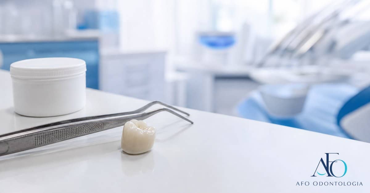 Coroa dentária sobre bancada clínica com paciente sorrindo e logo novo da AFO