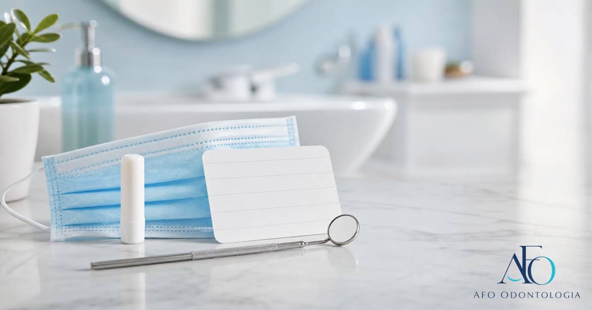 Paciente sorrindo discretamente em ambiente odontológico com tons azuis e logo da AFO