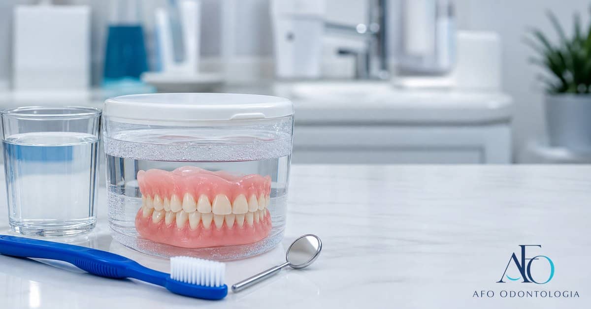 Prótese removível limpa em bancada odontológica azul com paciente sorrindo e logo da AFO