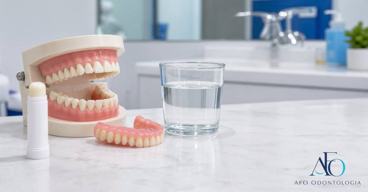 Paciente em tons azuis sorrindo de forma suave em clínica odontológica com logo AFO