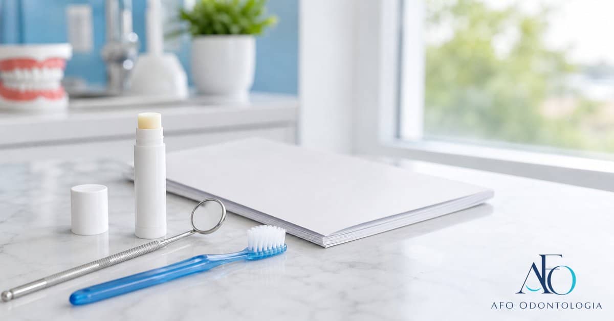 Paciente em ambiente odontológico azul com protetor labial e logo AFO