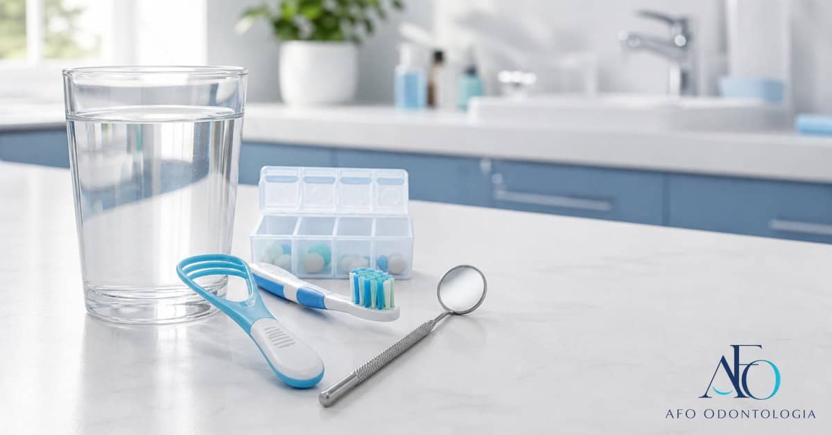 Paciente em tons azuis com copo de água e escova dental em bancada com logo AFO