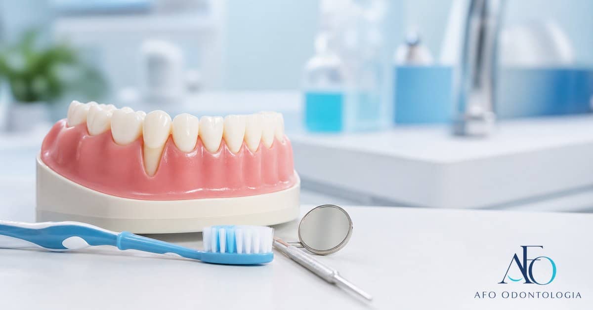 Paciente sorrindo em consulta odontológica sobre gengiva retraída com logo novo da AFO
