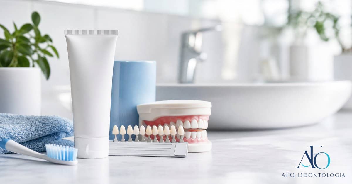 Pasta dental clareadora, escova e sorriso em tons azuis com logo novo da AFO