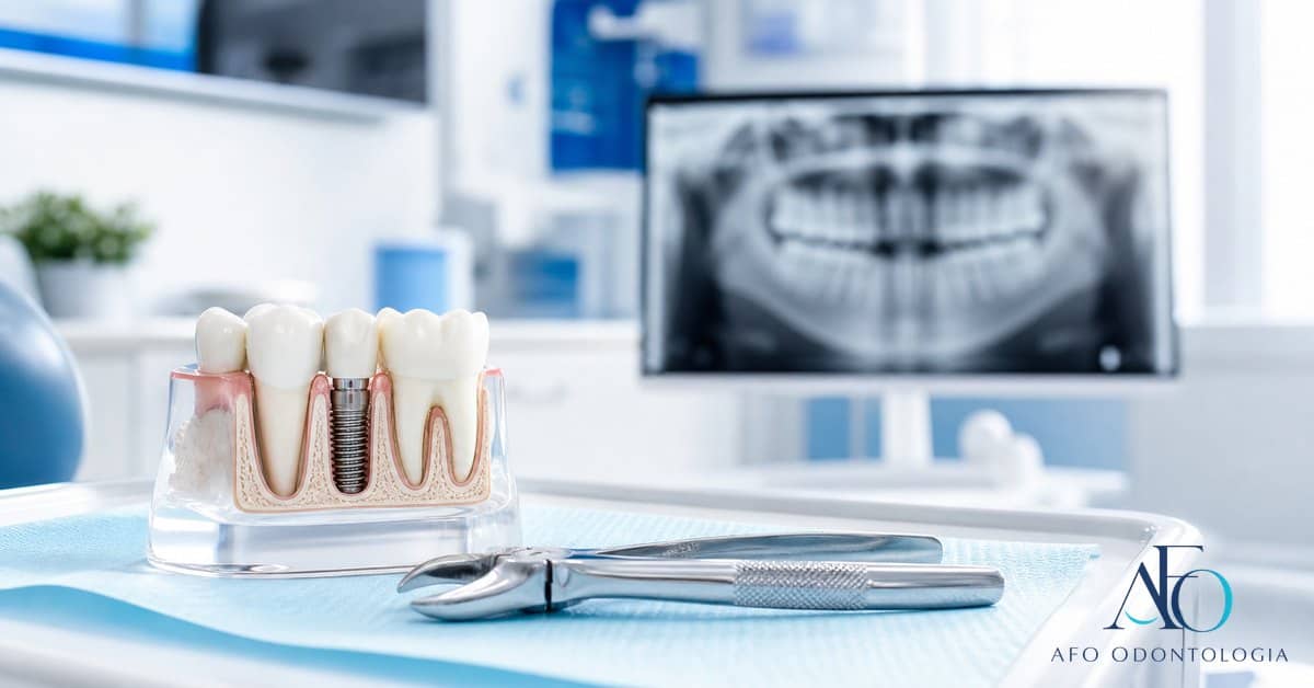 Paciente sorrindo em consulta de planejamento de implante com tomografia e logo AFO