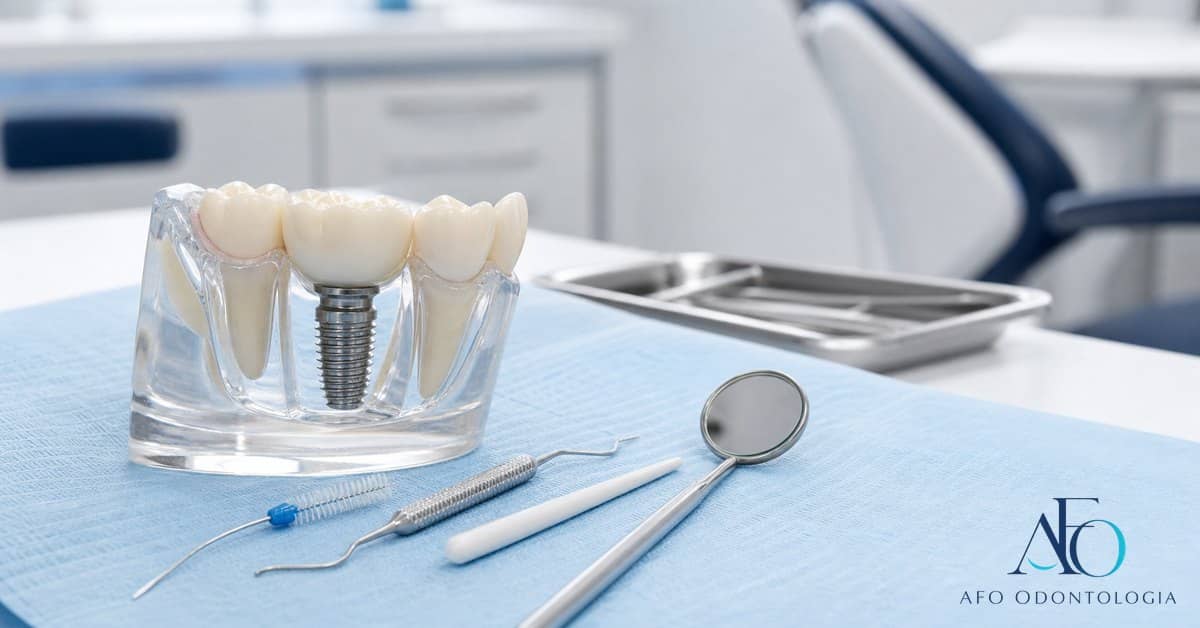 Consulta de manutenção de implante com instrumentos odontológicos e logo novo da AFO