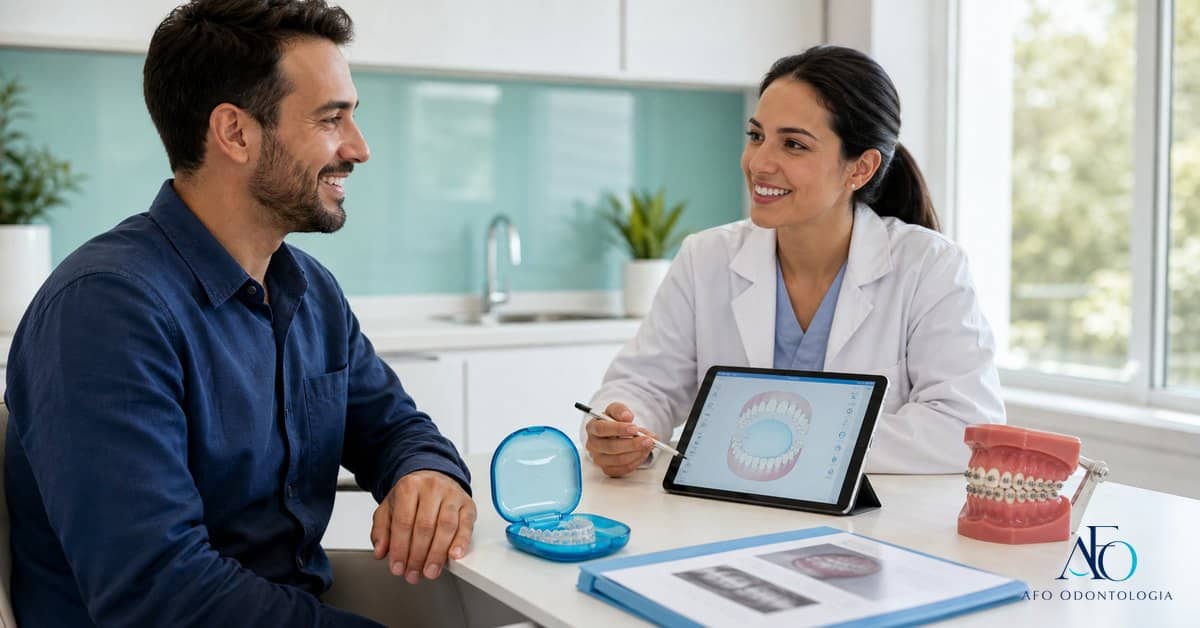 Paciente em consulta sobre aparelho com Porto Seguro Dental na AFO Odontologia