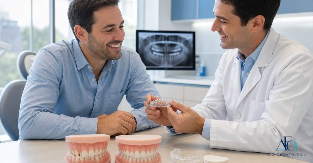 Paciente avaliando antes e depois de aparelho ortodontico em consultorio
