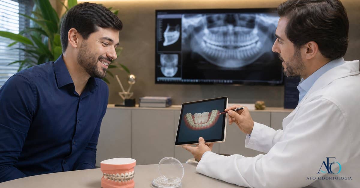 Dentista explicando planejamento de aparelho com MetLife Dental em tablet