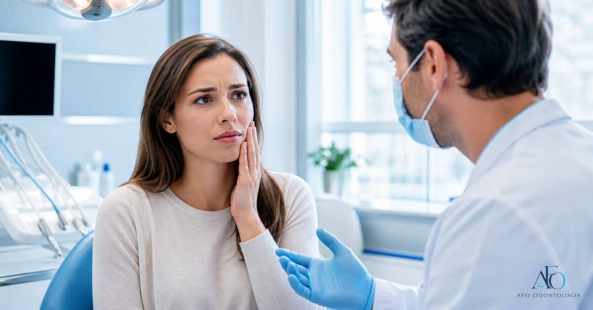 Paciente com dor de dente recebendo orientacao odontologica em consultorio