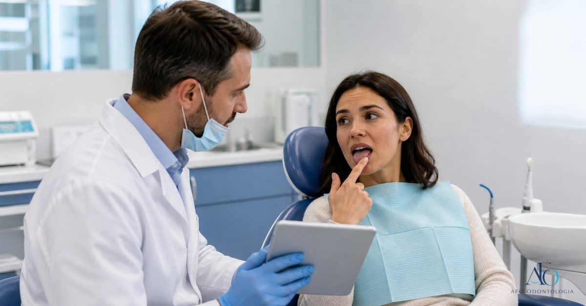 Paciente relatando lingua dormente durante avaliacao odontologica