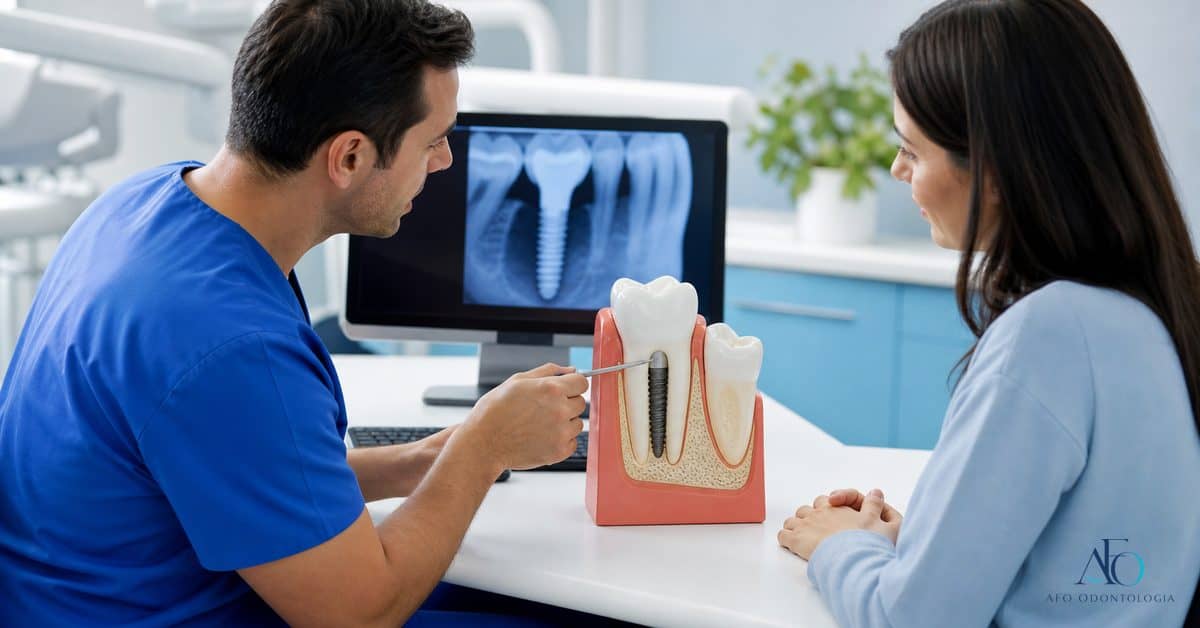 Dentista explicando sintomas de inflamacao ao redor de implante dentario