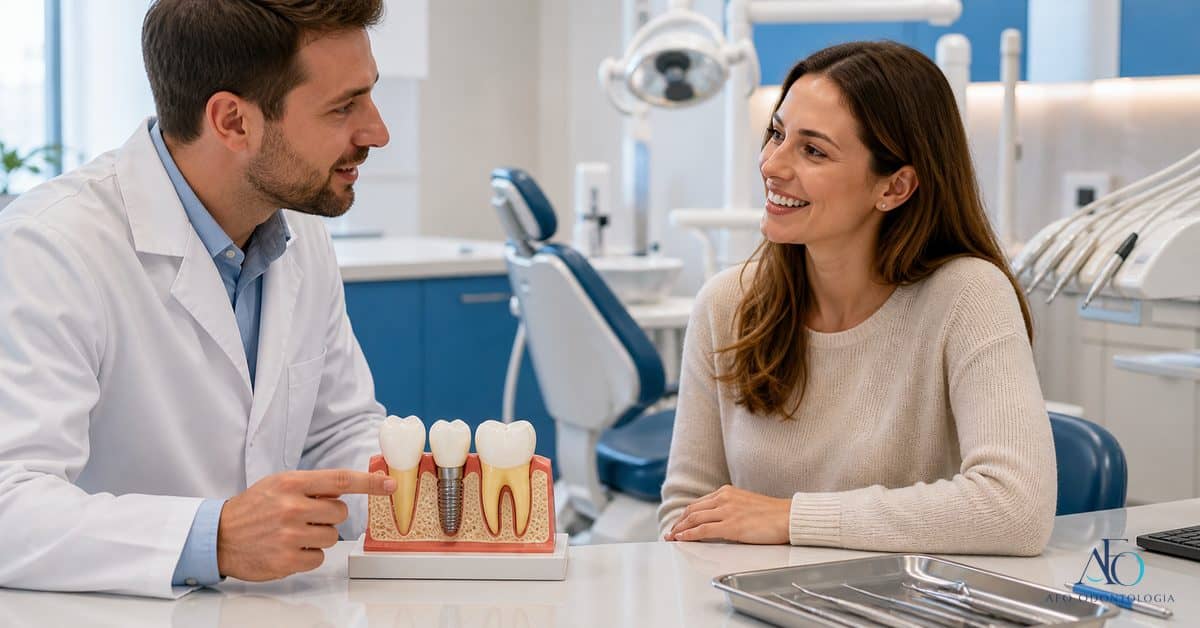 Dentista explicando durabilidade de implante dentario com modelo