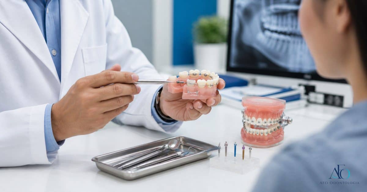 Mini implante ortodontico sendo explicado em modelo dental