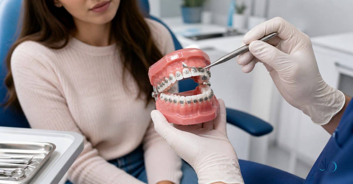 Modelo ortodontico com braquete solto sendo avaliado