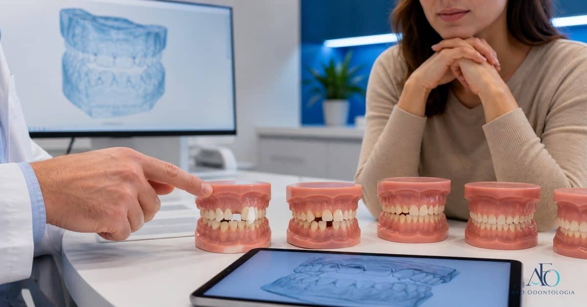 Modelos dentais mostrando diferentes tipos de dentes tortos