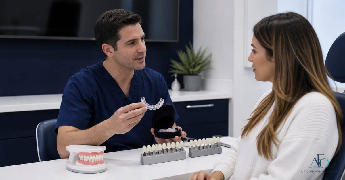 Dentista explicando bruxismo e protecao para lentes dentais