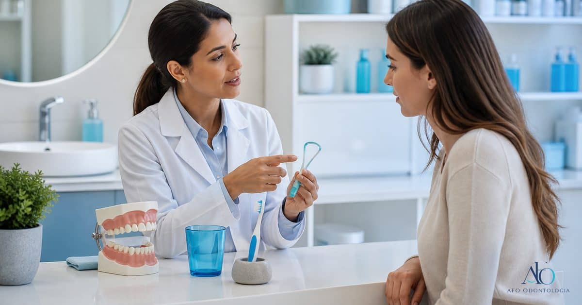 Dentista orientando uso de raspador de lingua