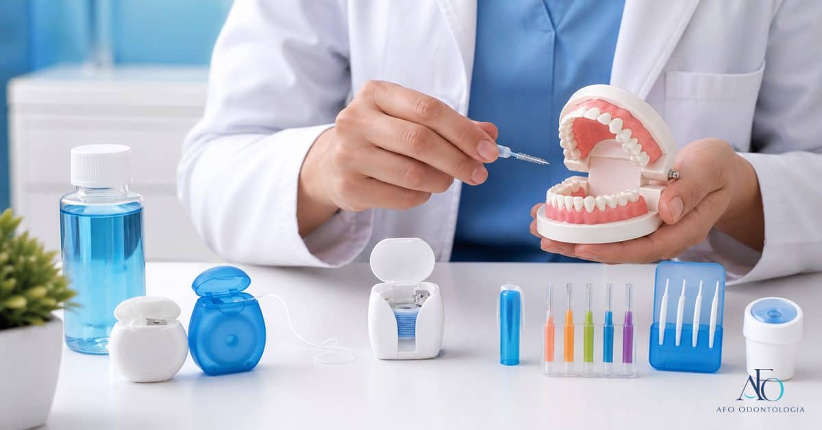 Tipos de fio dental e escovas interdentais em orientacao de higiene
