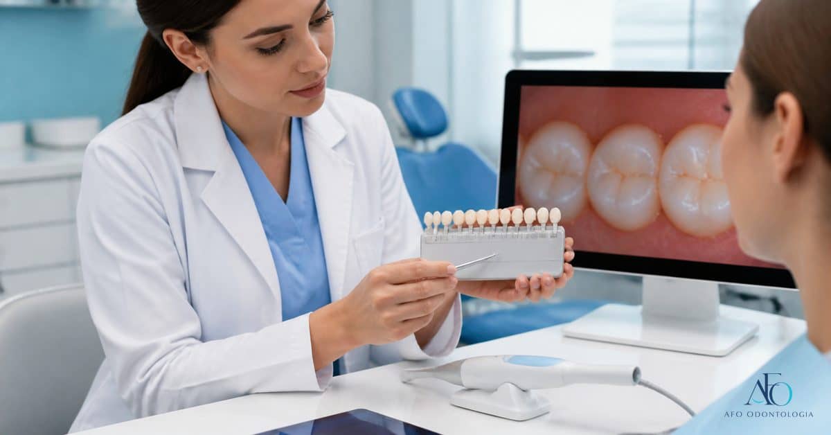 Dentista avaliando manchas no dente com camera intraoral