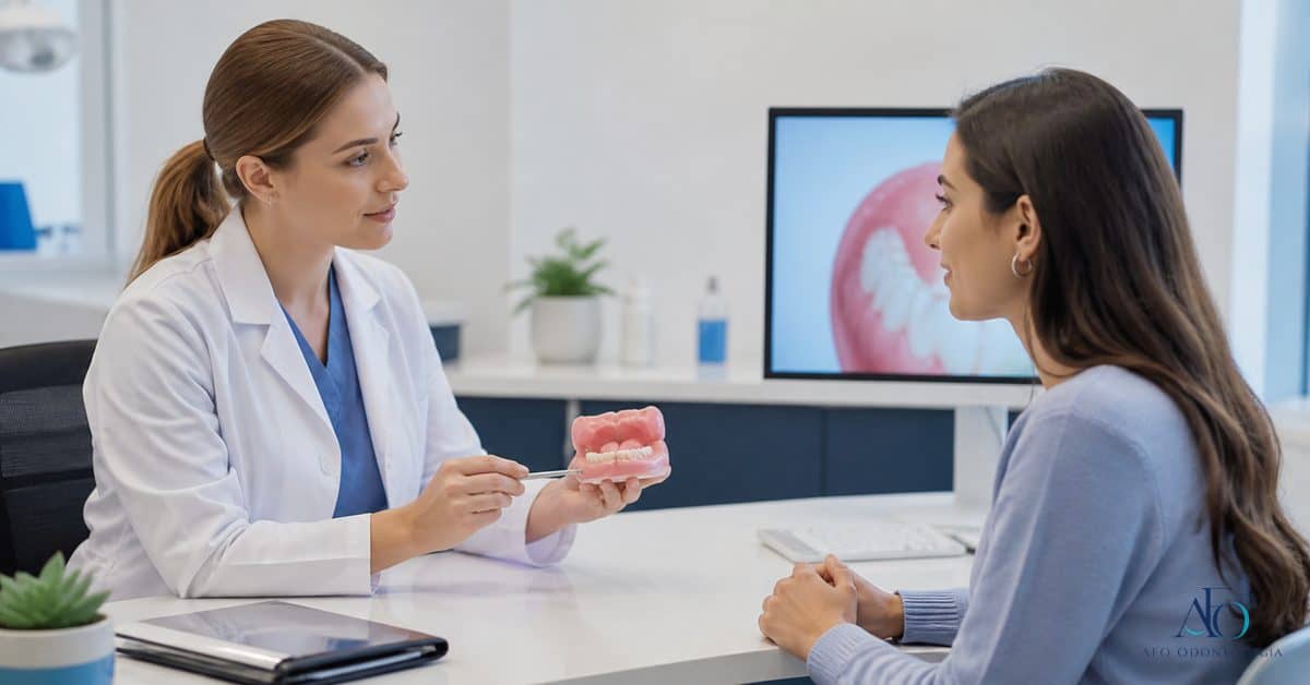 Dentista explicando bolinha no labio inferior em consulta