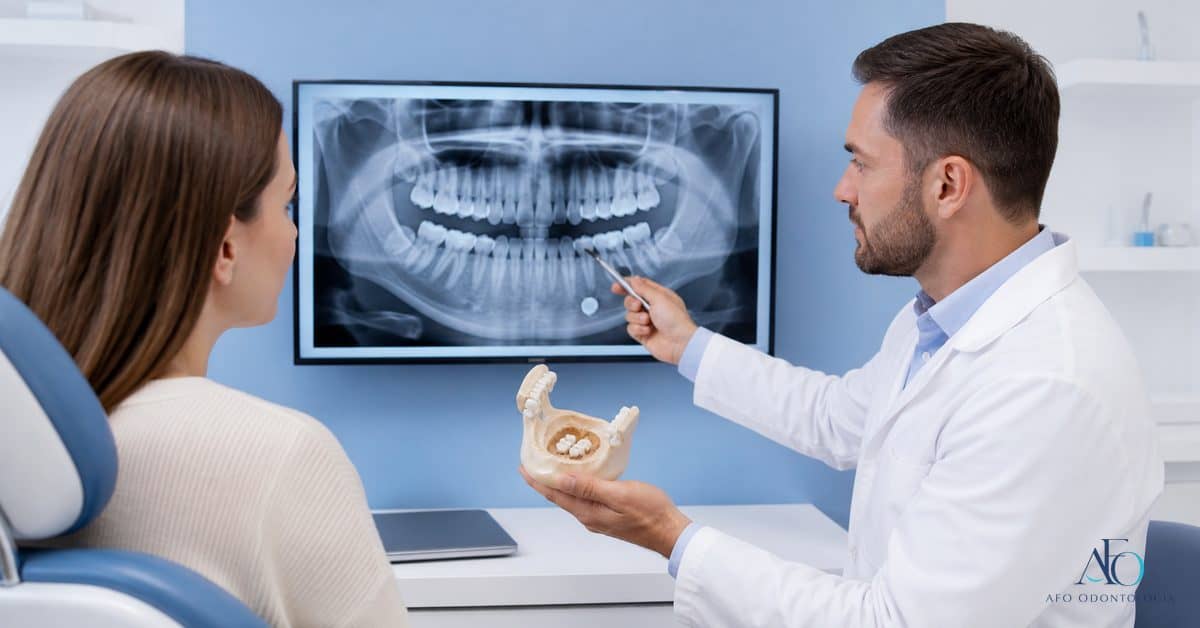Radiografia odontologica usada para explicar odontoma e dente retido