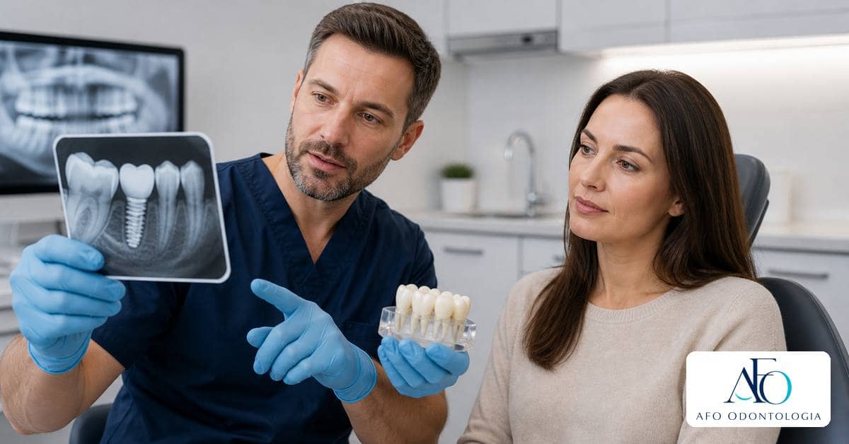 Dentista analisando coroa dental e radiografia