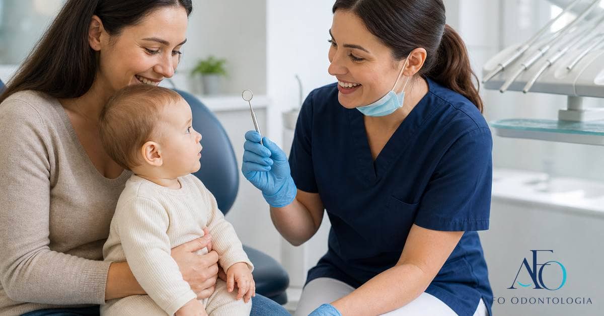 Bebê no colo do cuidador em consulta odontopediátrica acolhedora