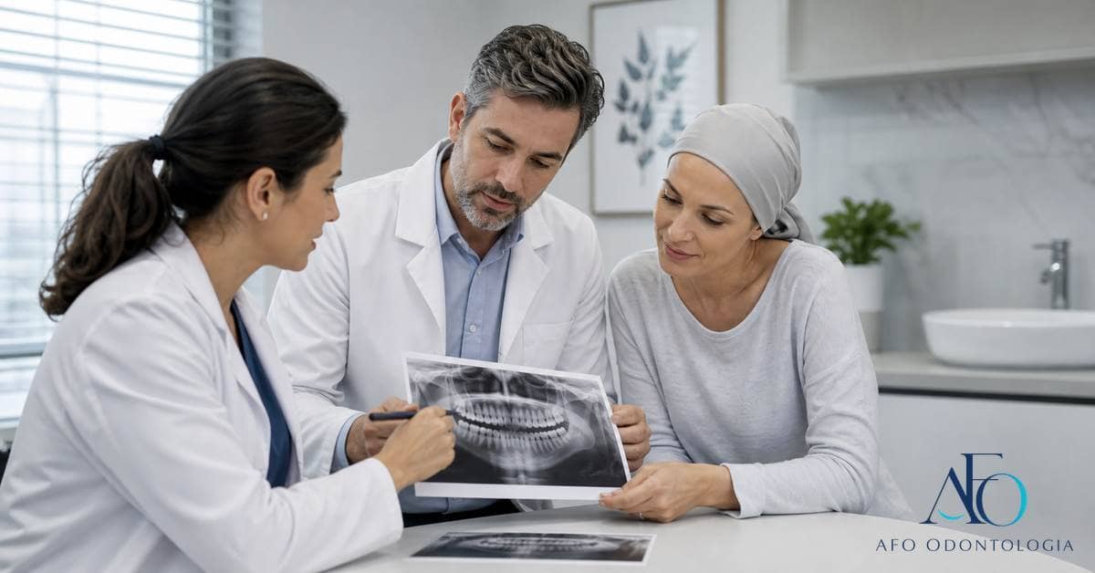 Equipe de oncologia e odontologia revisando plano de tratamento sem dramatização
