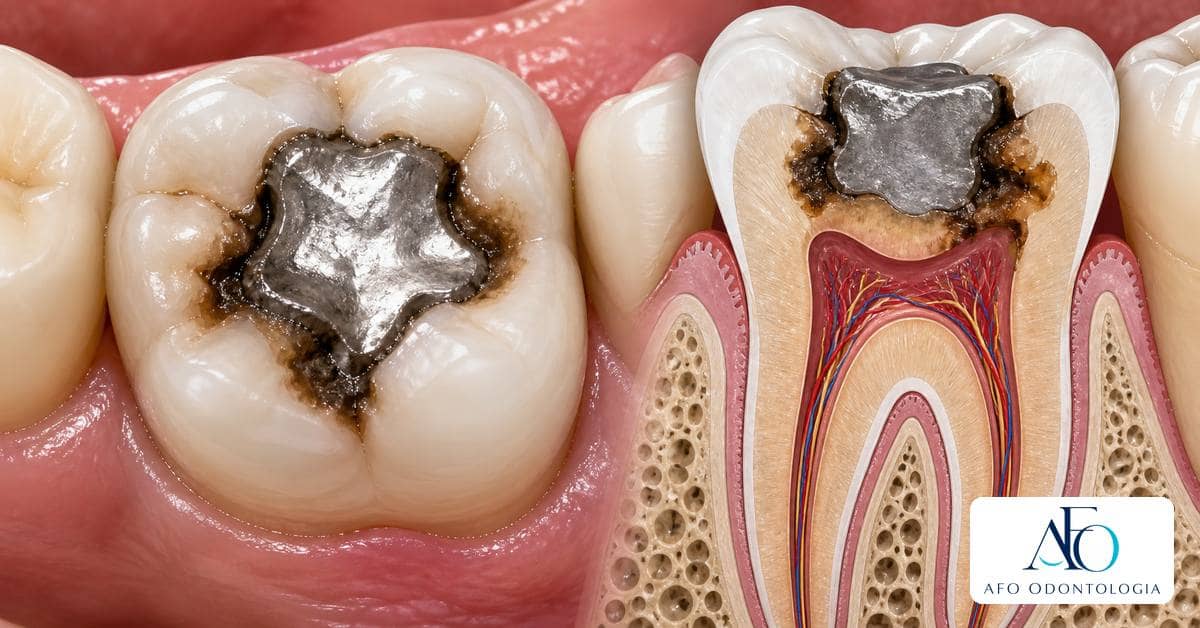 Ilustração educativa sobre Cárie recorrente no mesmo dente: por que pode acontecer