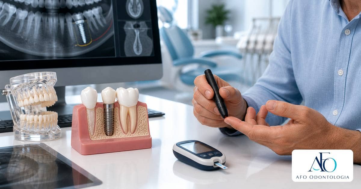 Ilustração para o artigo Implante dentário e diabetes: como o controle glicêmico entra no planejamento