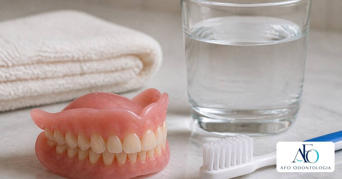 Pessoa idosa segurando prótese dentária para higienização