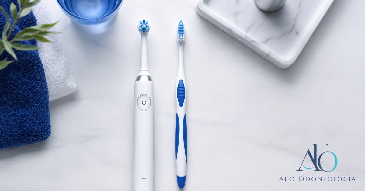 Escova de dente elétrica ao lado de escova manual sobre bancada de banheiro, comparação de eficiência na escovação em Taboão da Serra