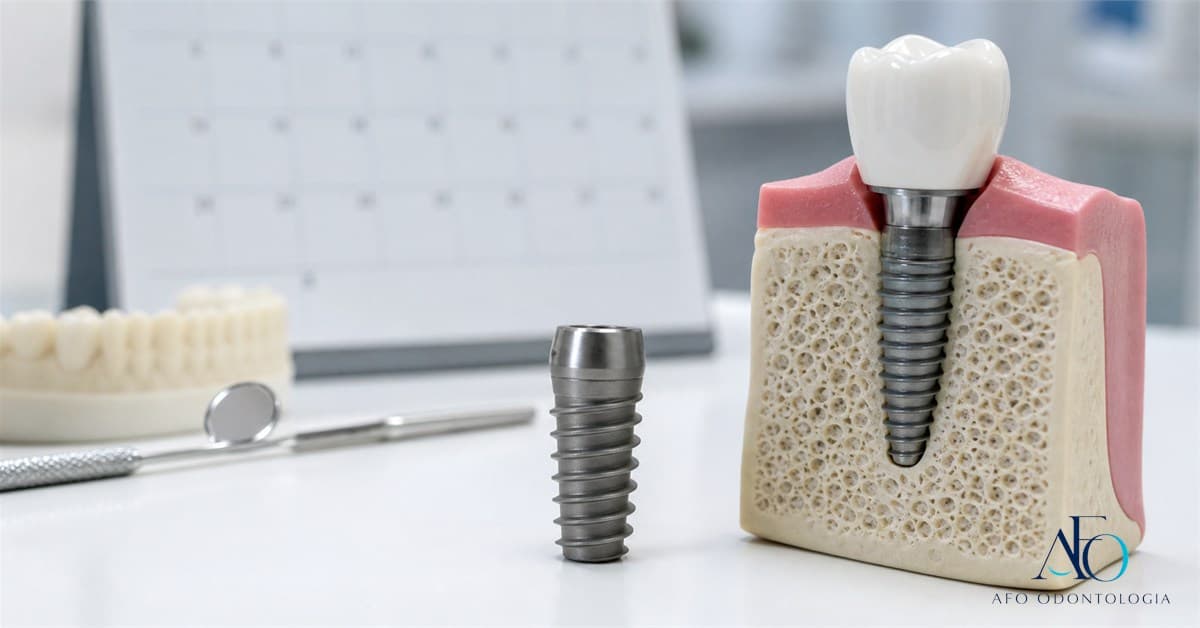 Implante dentário em modelo ósseo demonstrando osseointegração em Taboão da Serra
