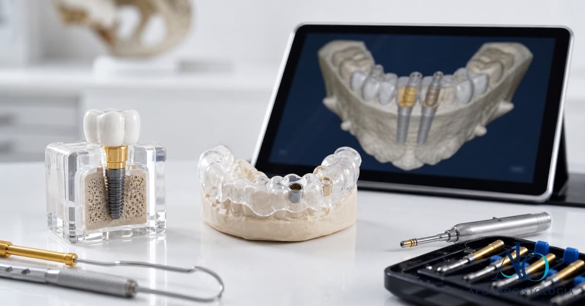 Guia cirúrgico para implante dentário e planejamento digital sobre bancada clínica, ilustrando cirurgia guiada em Taboão da Serra