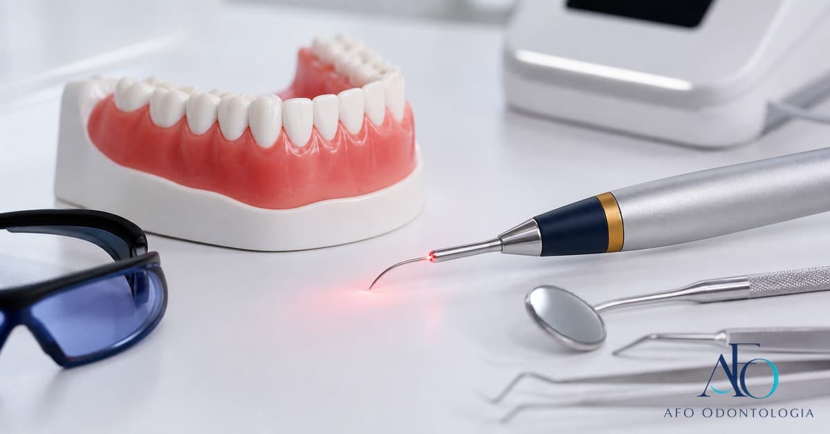 Equipamento de laser odontológico e proteção clínica sobre bancada, ilustrando uso do laser na odontologia em Taboão da Serra