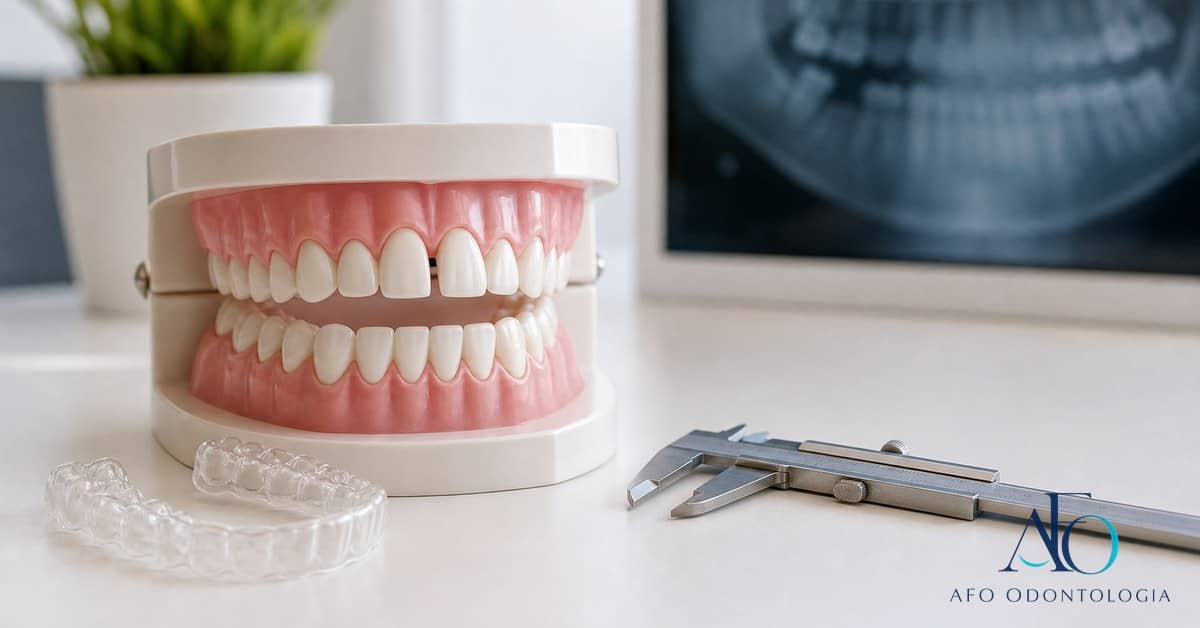 Modelo dental com espaço entre os dentes anteriores, explicando diastema e tratamento em Taboão da Serra