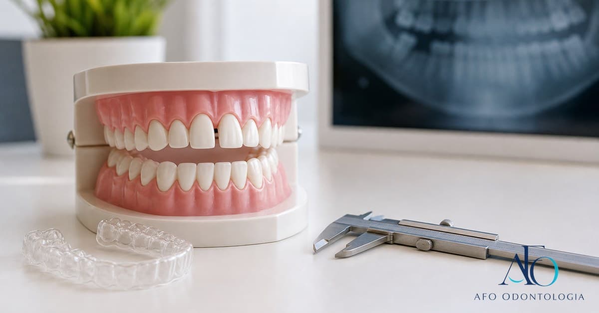 Modelo dental com espaço entre os dentes anteriores, explicando diastema e tratamento em Taboão da Serra